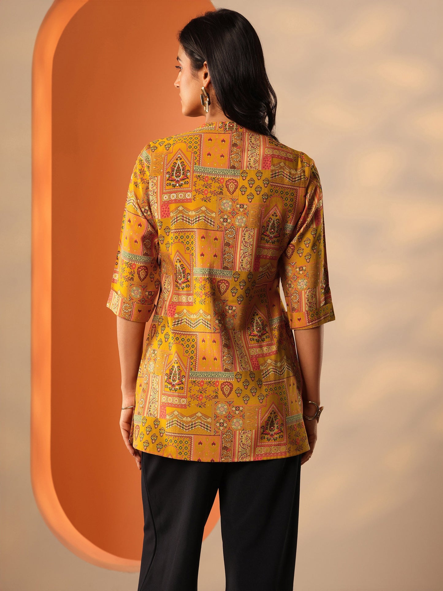 Mustard Printed Silk Blend Straight Short Kurti