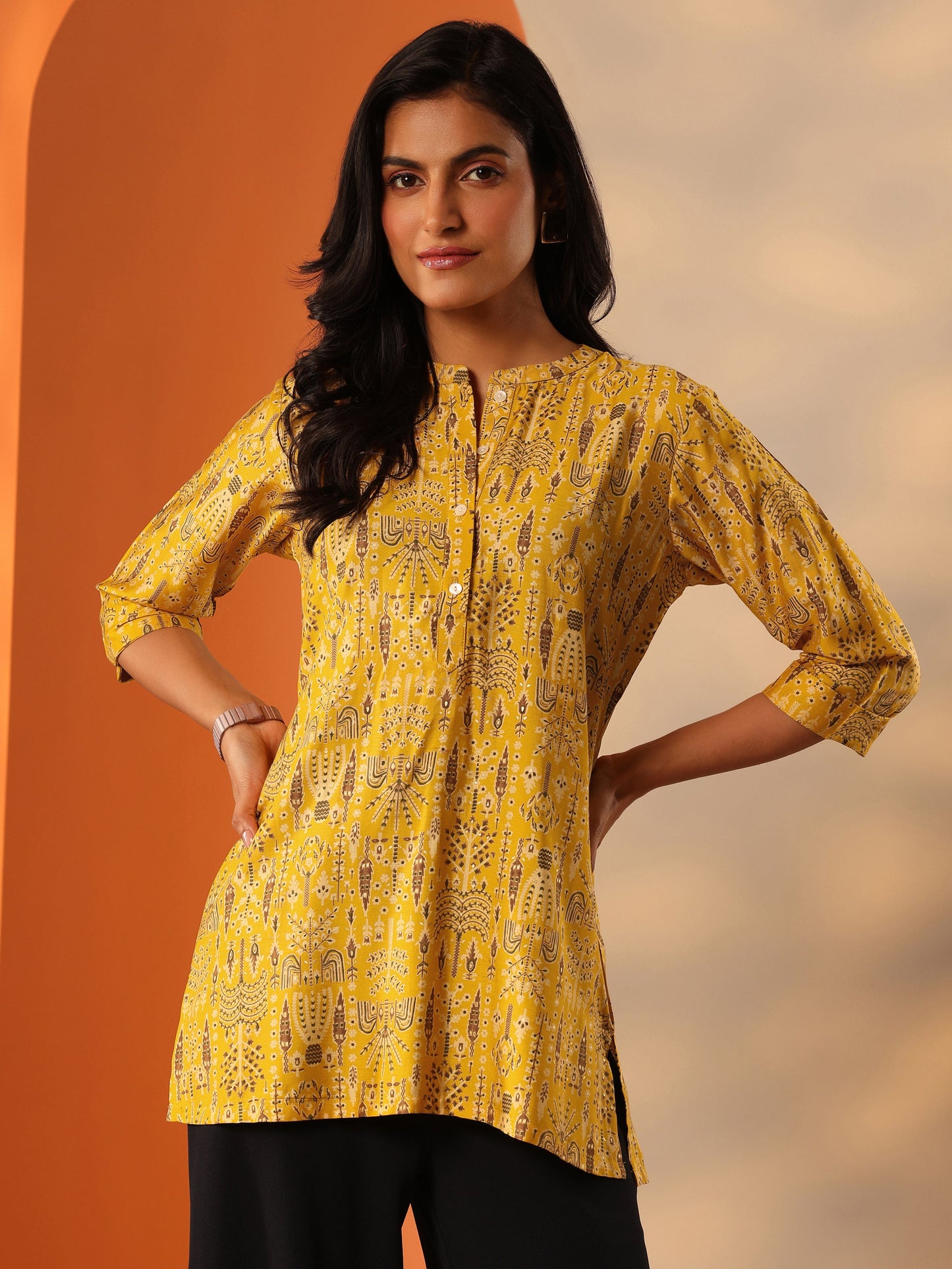 Yellow Printed Silk Blend Straight Short Kurti