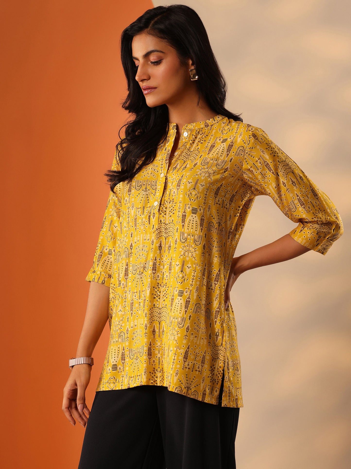 Yellow Printed Silk Blend Straight Short Kurti