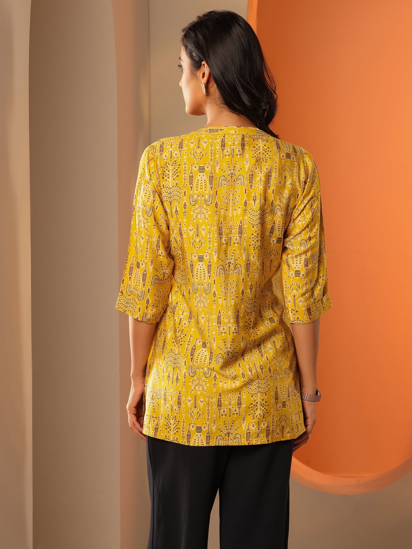 Yellow Printed Silk Blend Straight Short Kurti