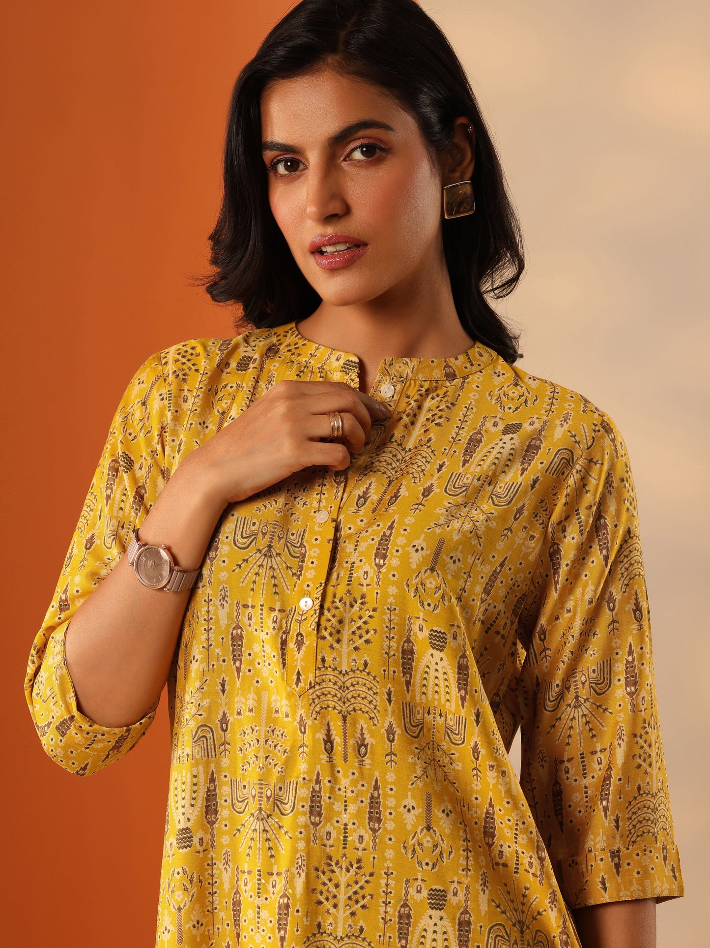Yellow Printed Silk Blend Straight Short Kurti