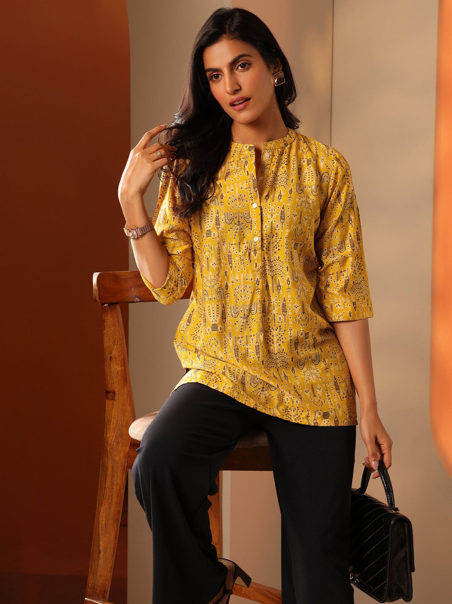 Yellow Printed Silk Blend Straight Short Kurti