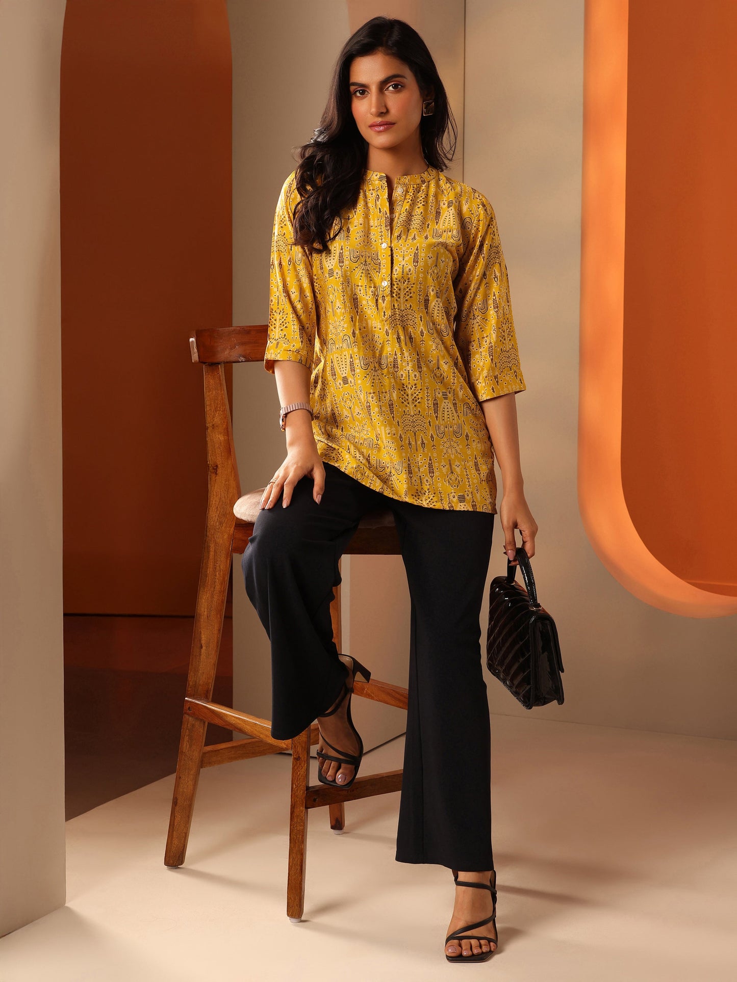 Yellow Printed Silk Blend Straight Short Kurti