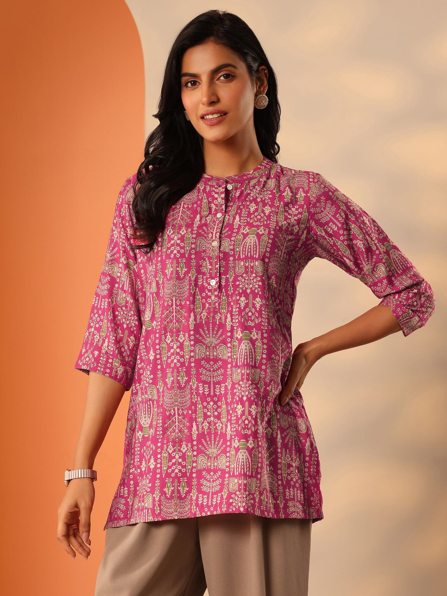 Pink Printed Silk Blend Straight Short Kurti