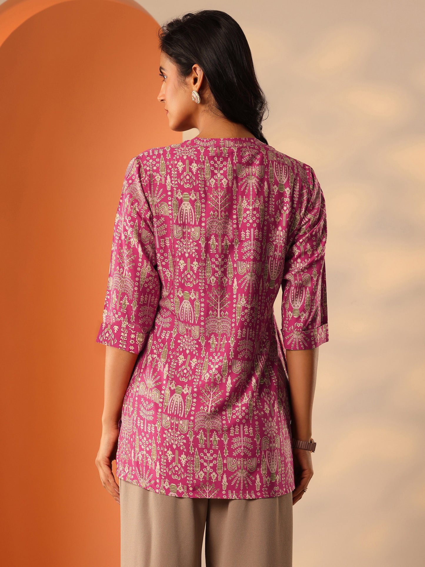 Pink Printed Silk Blend Straight Short Kurti