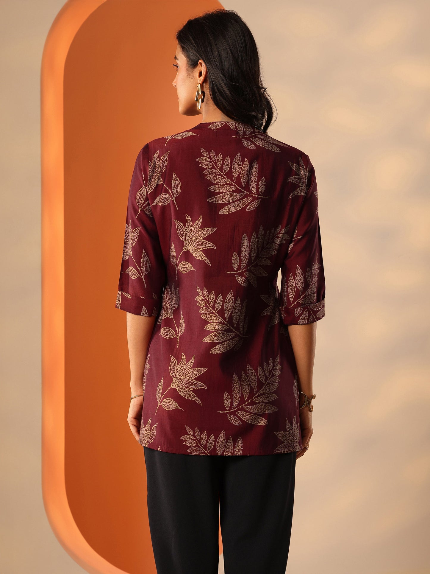 Maroon Printed Silk Blend Straight Short Kurti