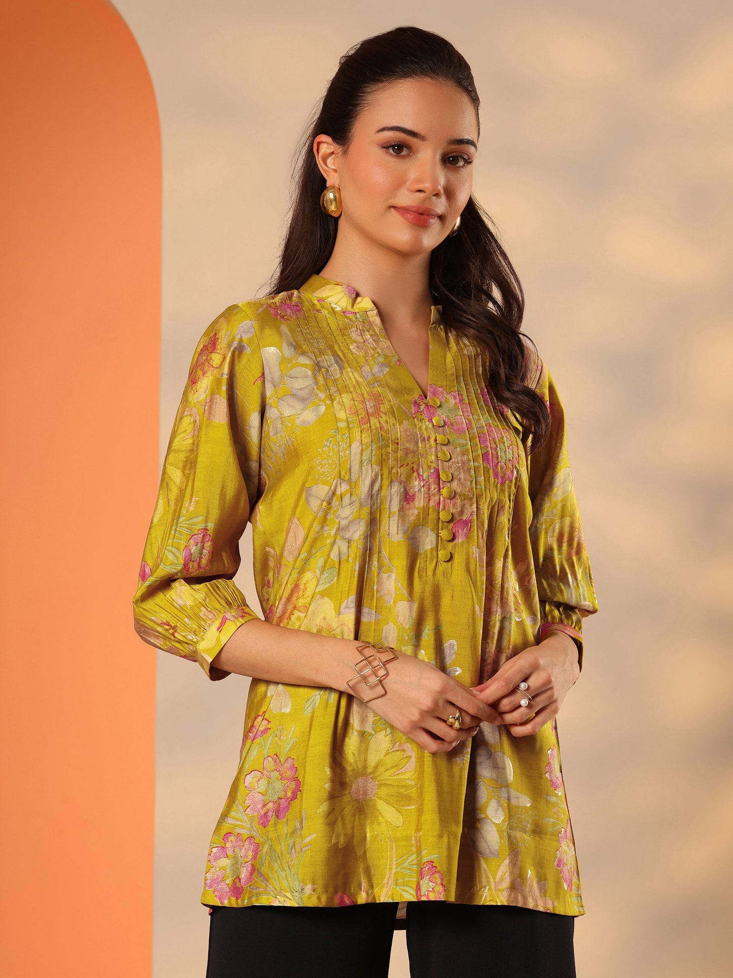 Green Printed Silk Blend Straight Short Kurti