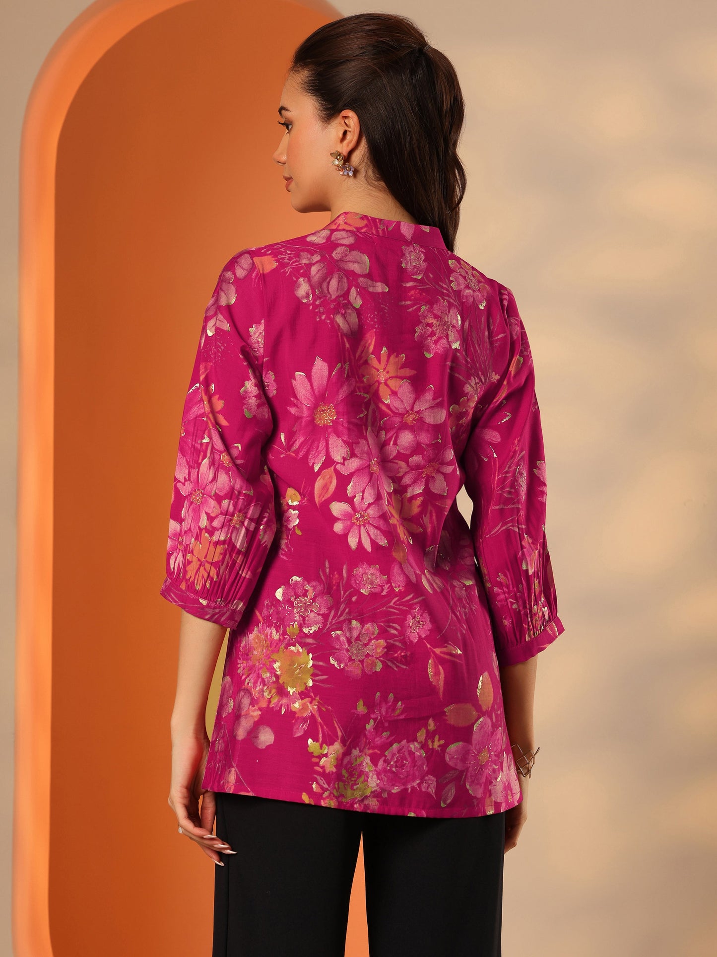 Pink Floral Silk Blend Straight Short Kurti