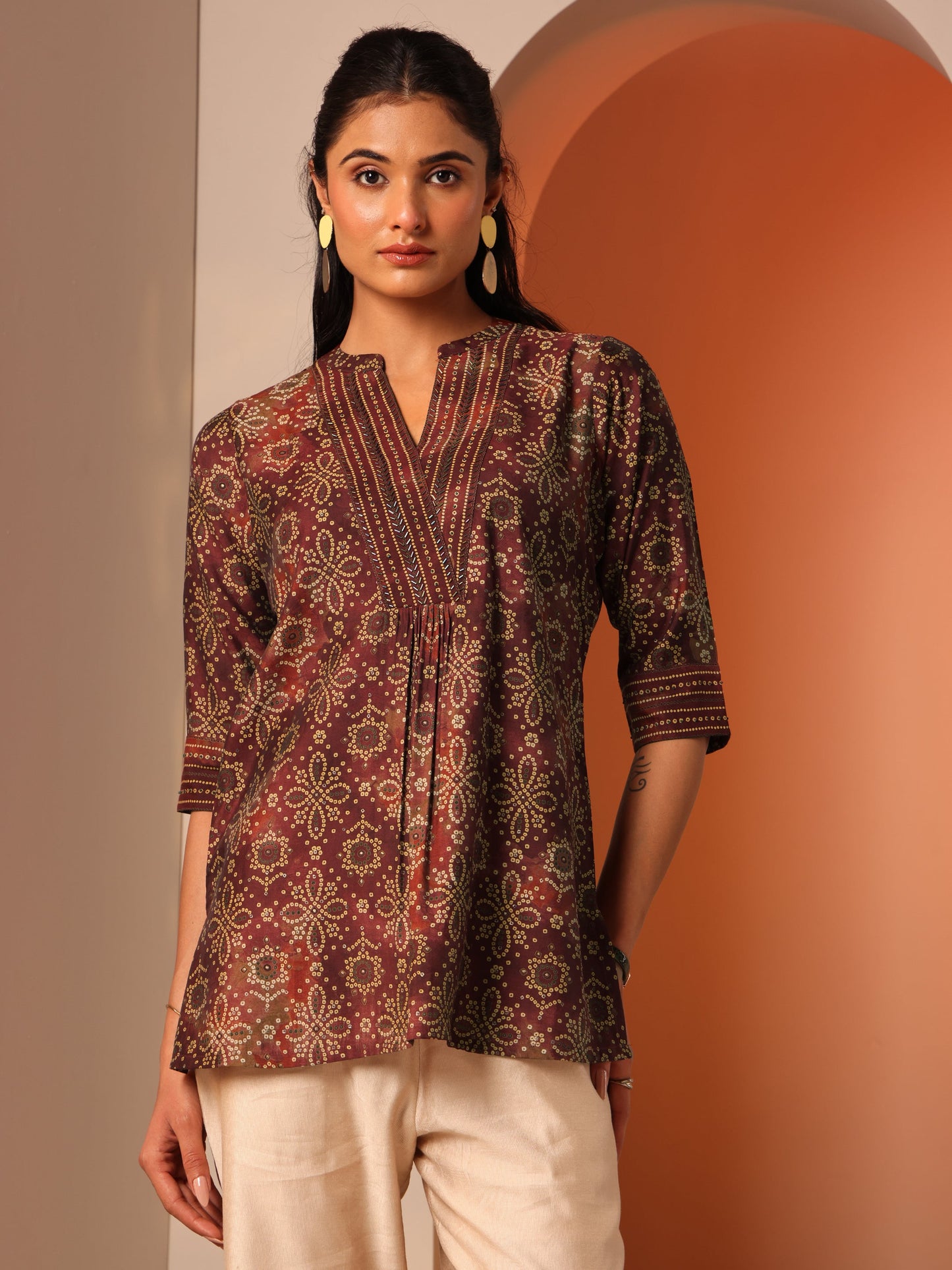 Maroon Printed Silk Blend Straight Short Kurti