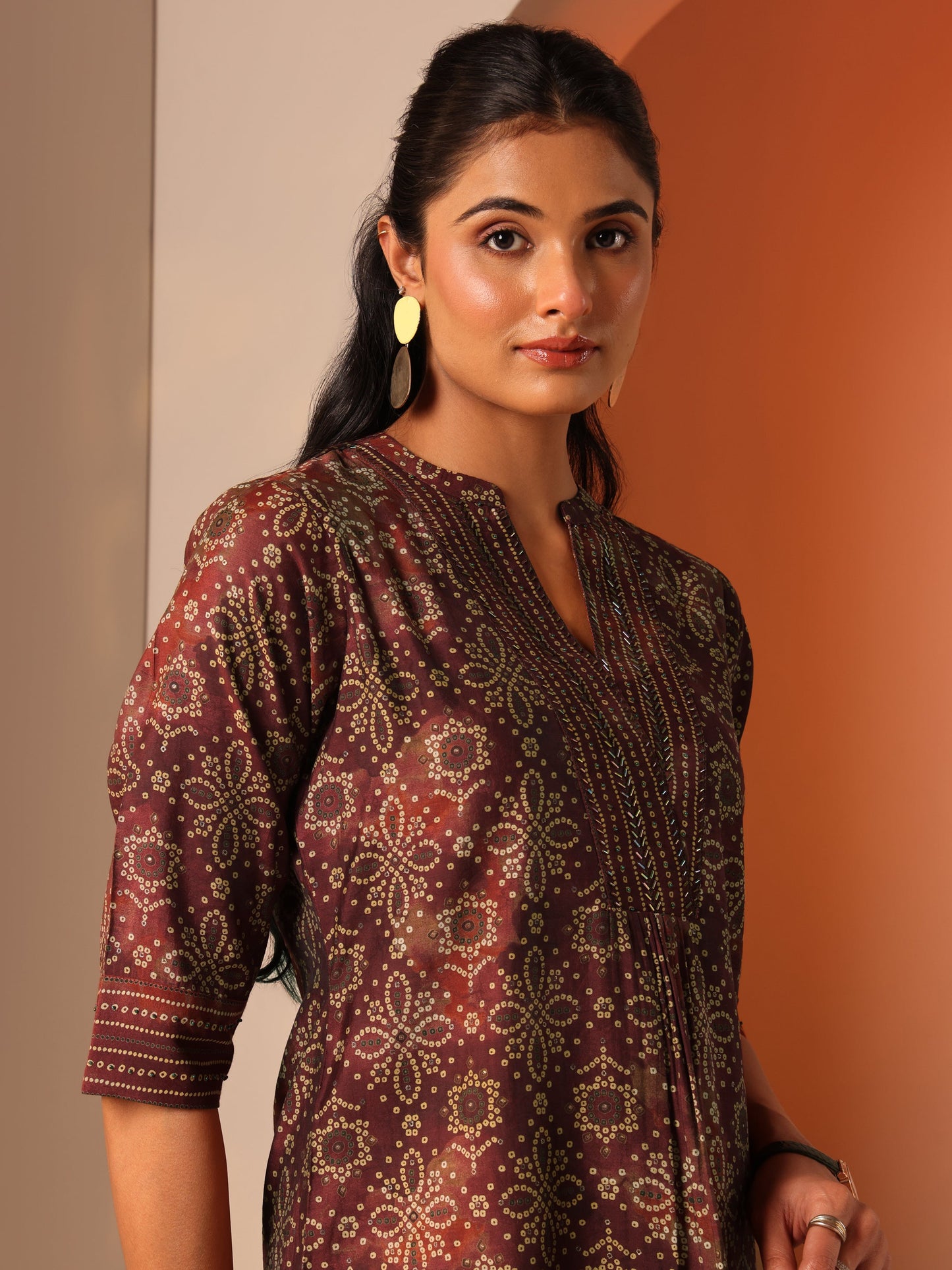 Maroon Printed Silk Blend Straight Short Kurti