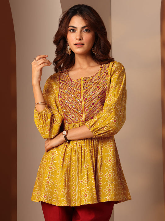 Mustard Printed Silk Blend Anarkali Short Kurti