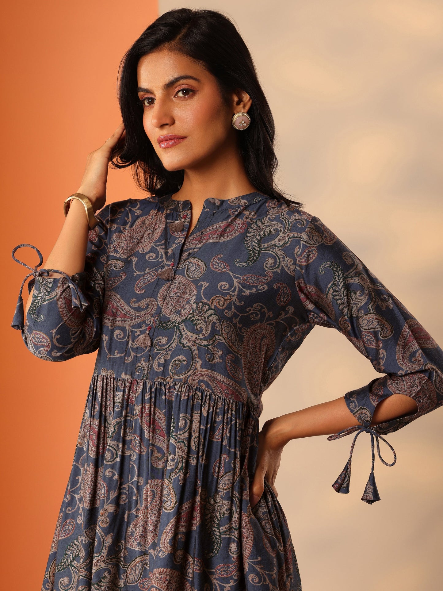 Blue Printed Rayon Straight Short Kurti