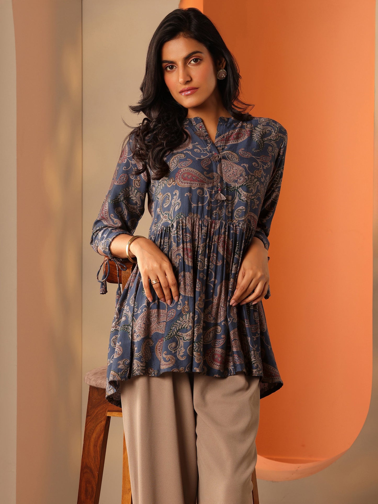 Blue Printed Rayon Straight Short Kurti