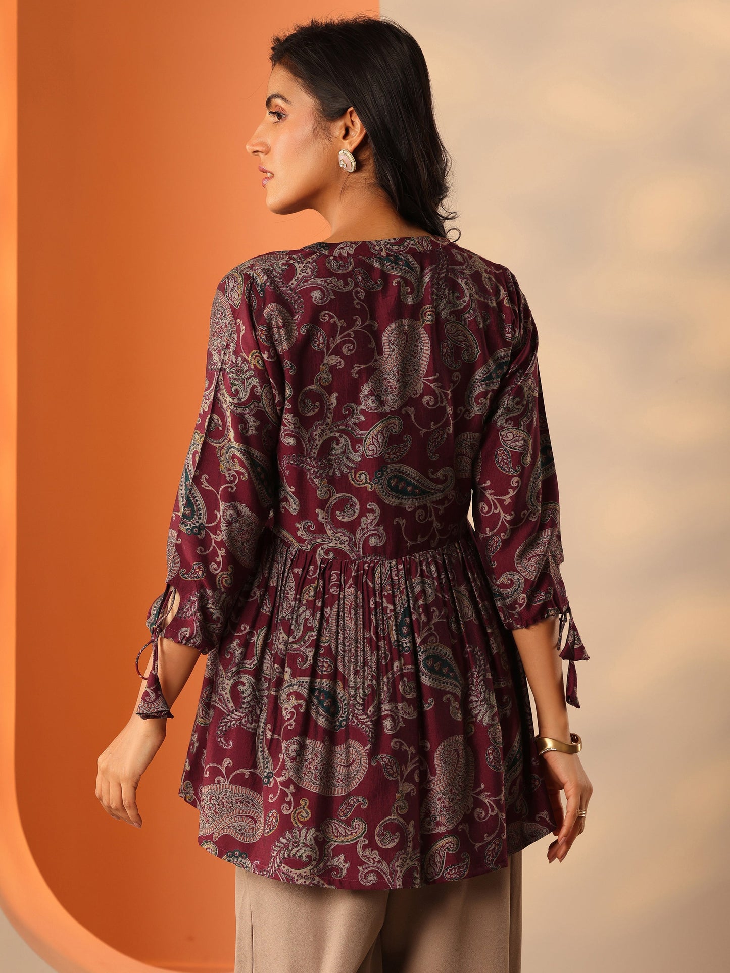 Maroon Printed Rayon Straight Short Kurti