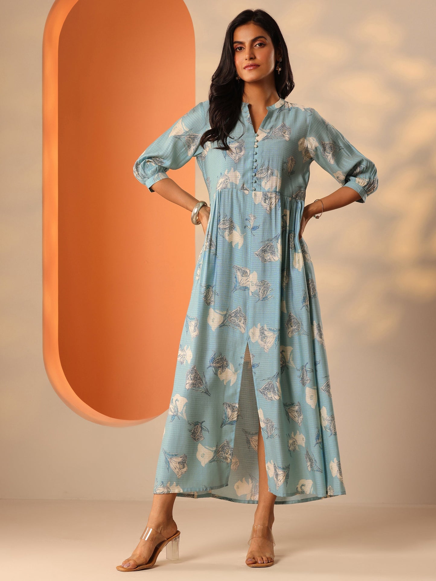 Blue Printed Silk Blend Fit And Flare One Piece Dress