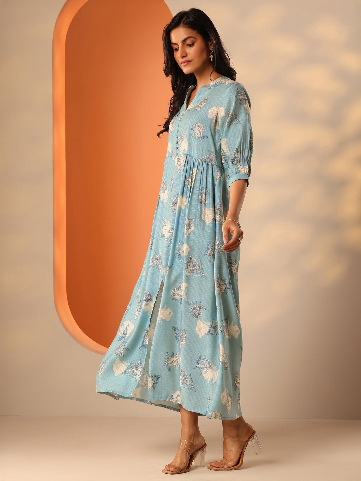 Blue Printed Silk Blend Fit And Flare One Piece Dress