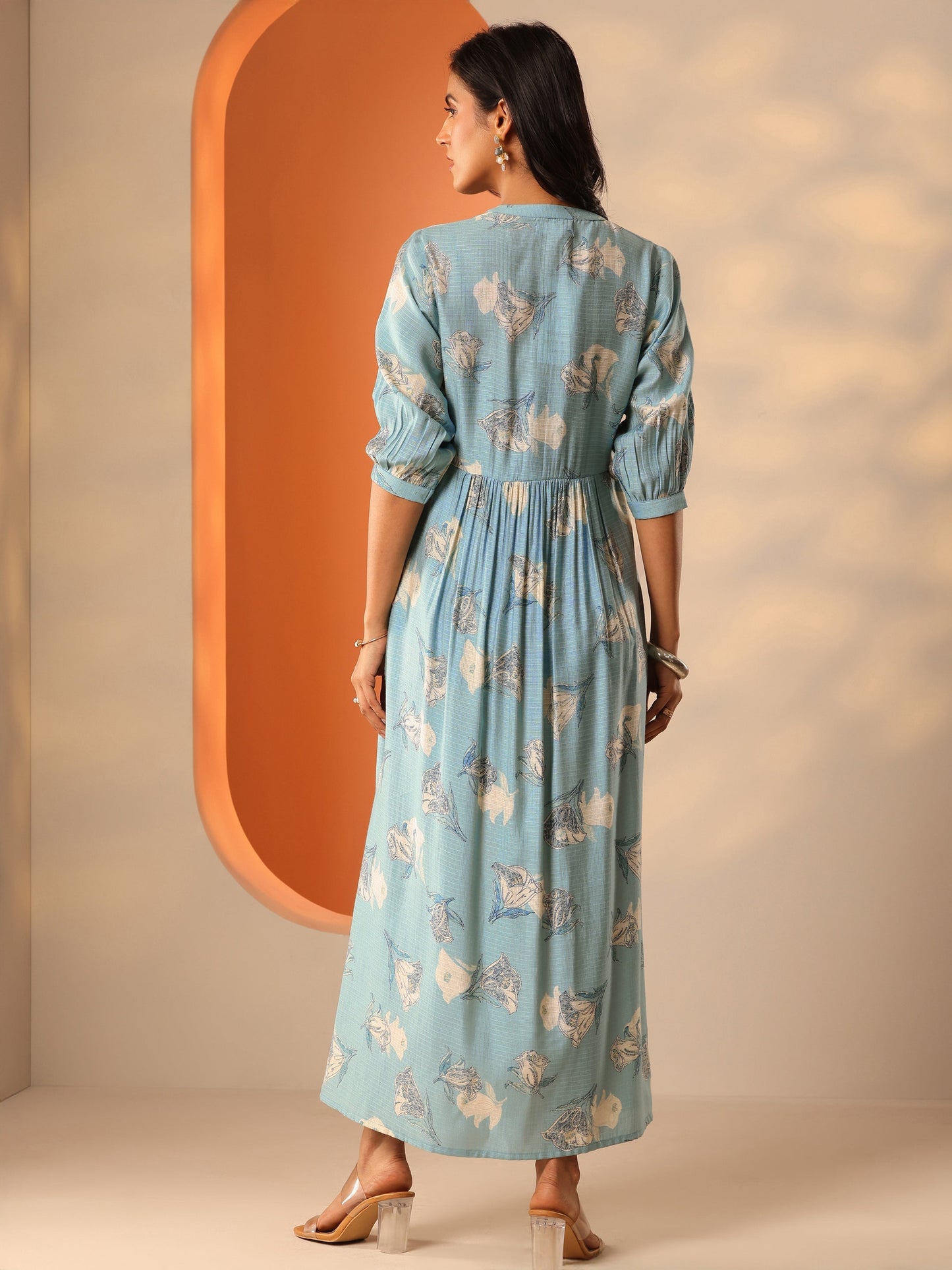 Blue Printed Silk Blend Fit And Flare One Piece Dress