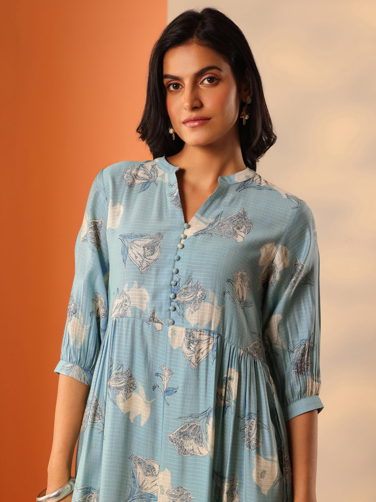 Blue Printed Silk Blend Fit And Flare One Piece Dress