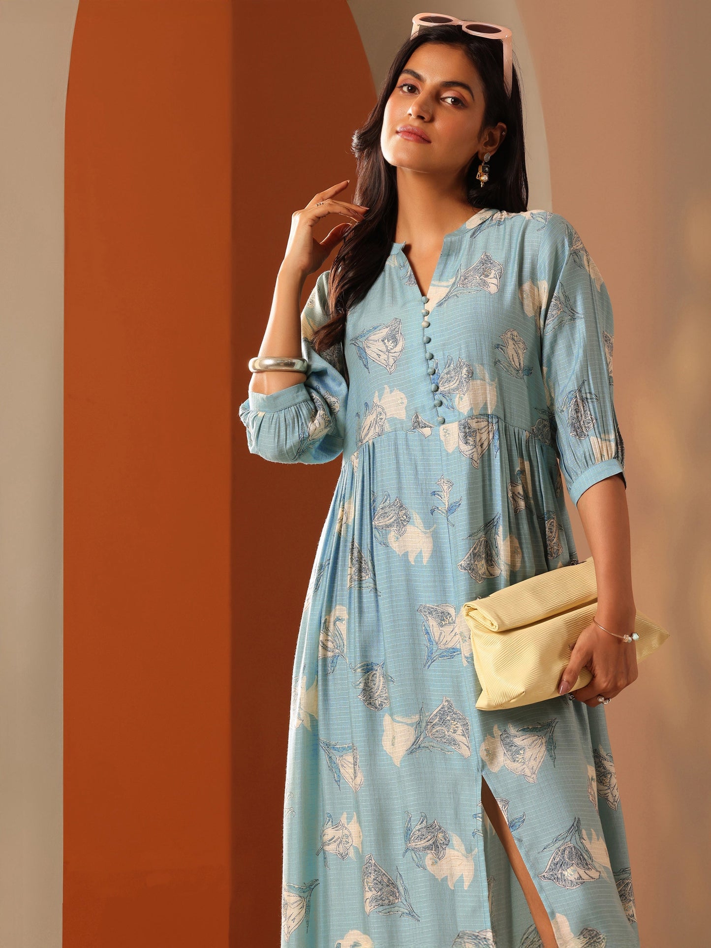 Blue Printed Silk Blend Fit And Flare One Piece Dress