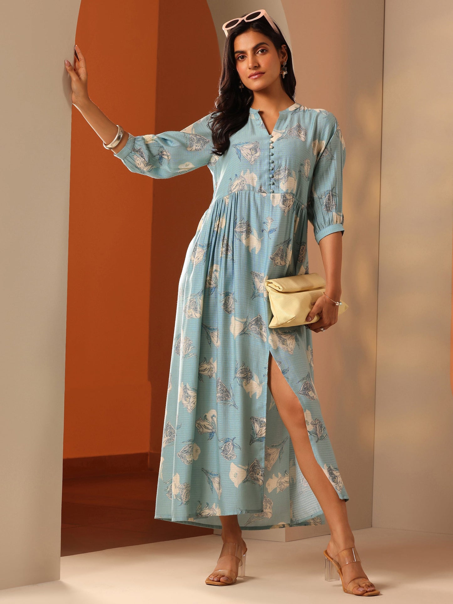 Blue Printed Silk Blend Fit And Flare One Piece Dress