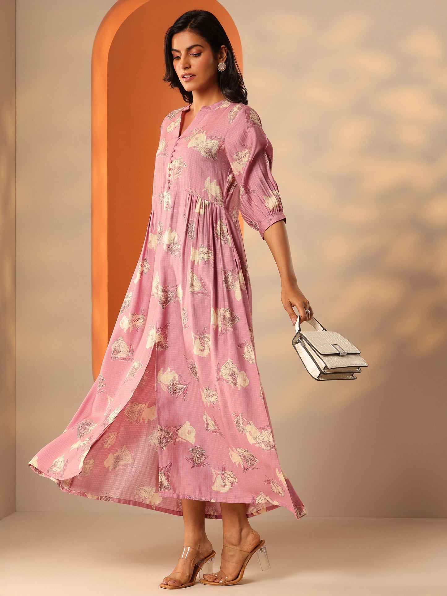 Pink Printed Silk Blend Fit And Flare One Piece Dress