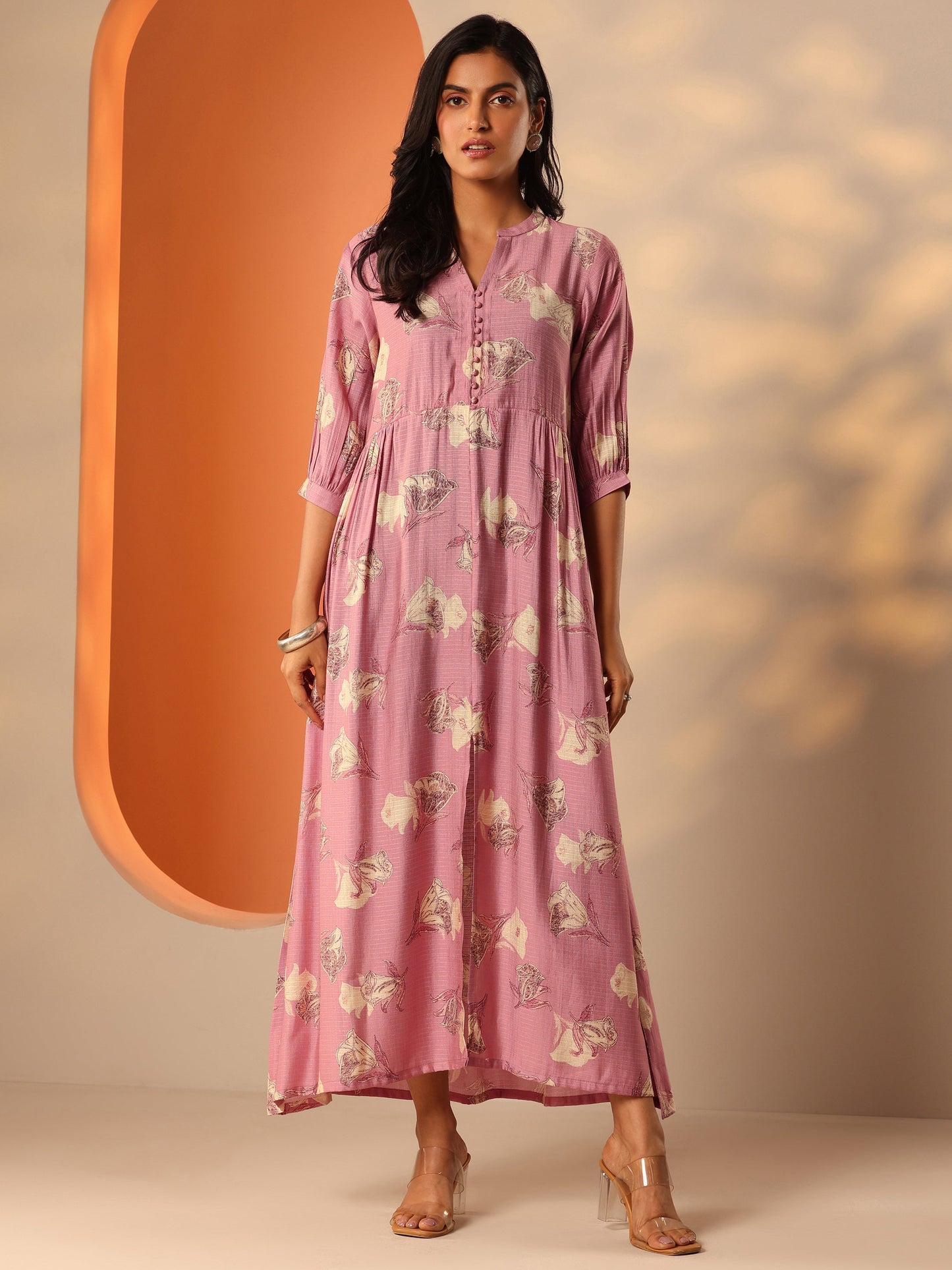 Pink Printed Silk Blend Fit And Flare One Piece Dress