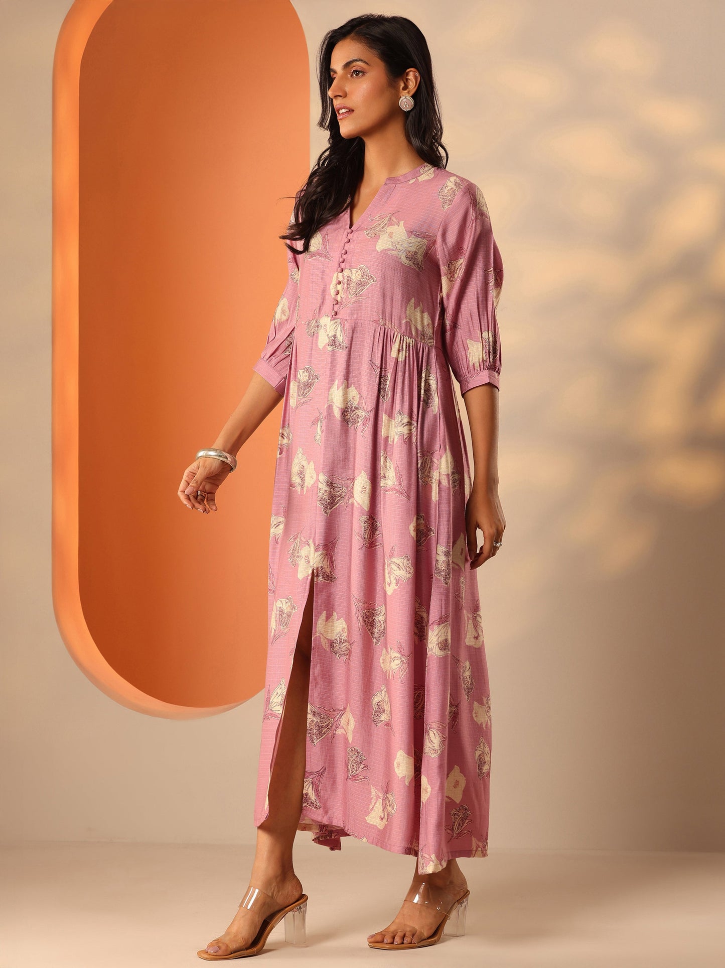 Pink Printed Silk Blend Fit And Flare One Piece Dress