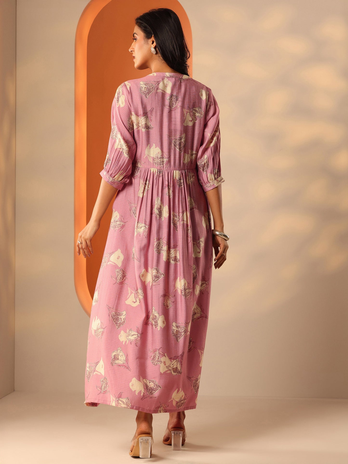 Pink Printed Silk Blend Fit And Flare One Piece Dress