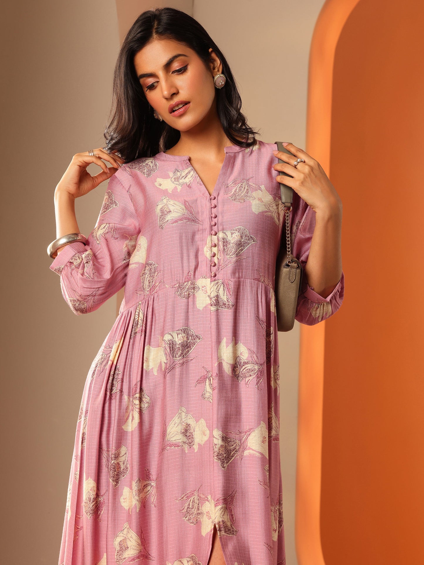 Pink Printed Silk Blend Fit And Flare One Piece Dress