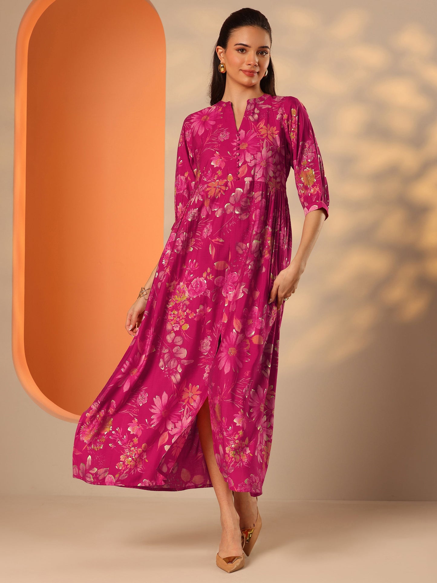 Pink Printed Silk Blend Fit And Flare One Piece Dress