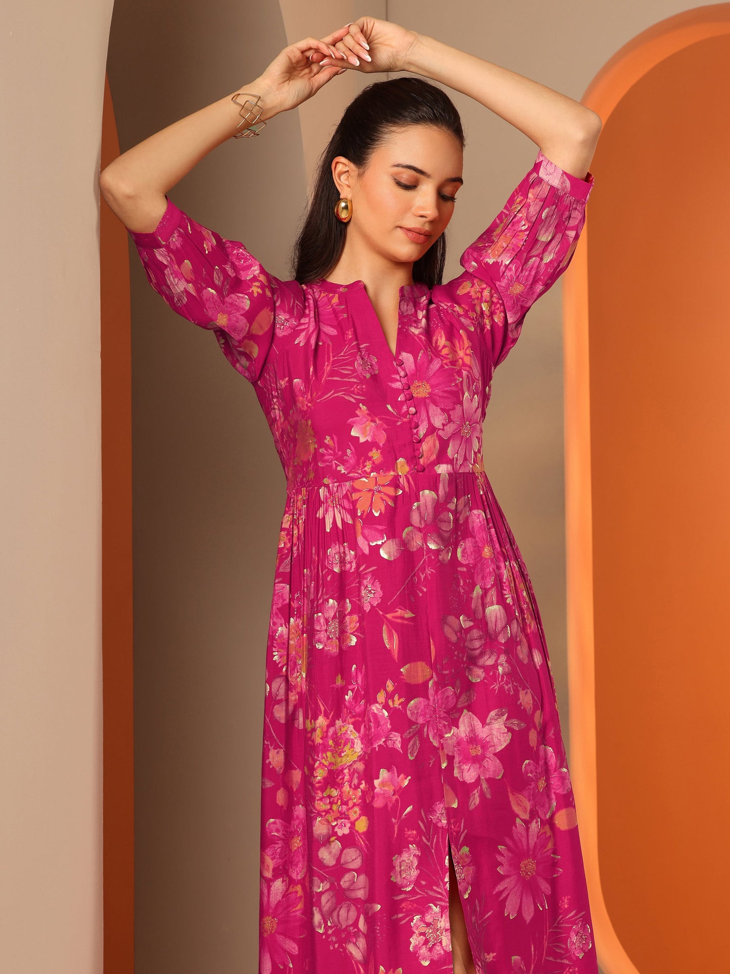 Pink Printed Silk Blend Fit And Flare One Piece Dress