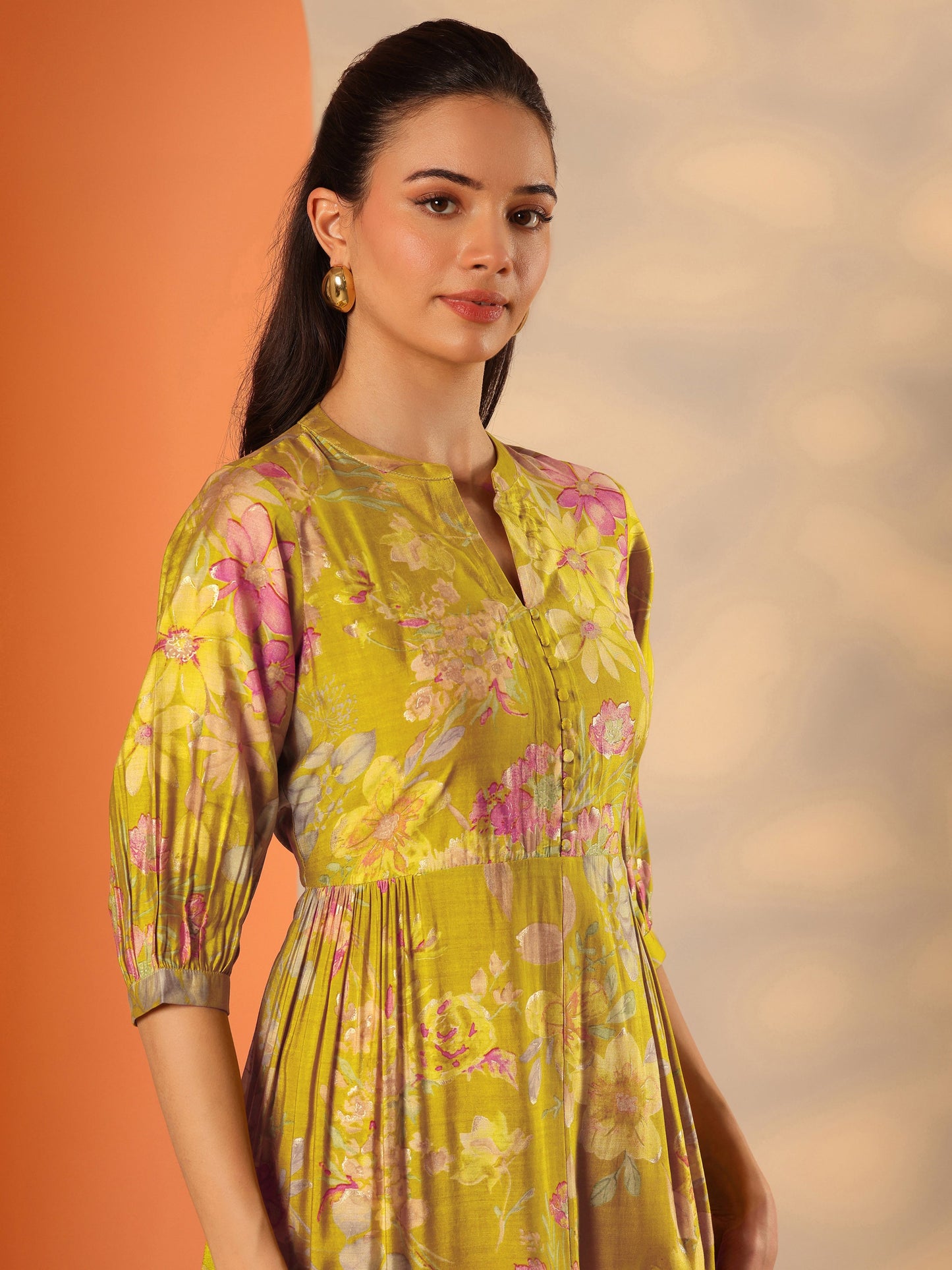 Green Printed Silk Blend Fit And Flare One Piece Dress