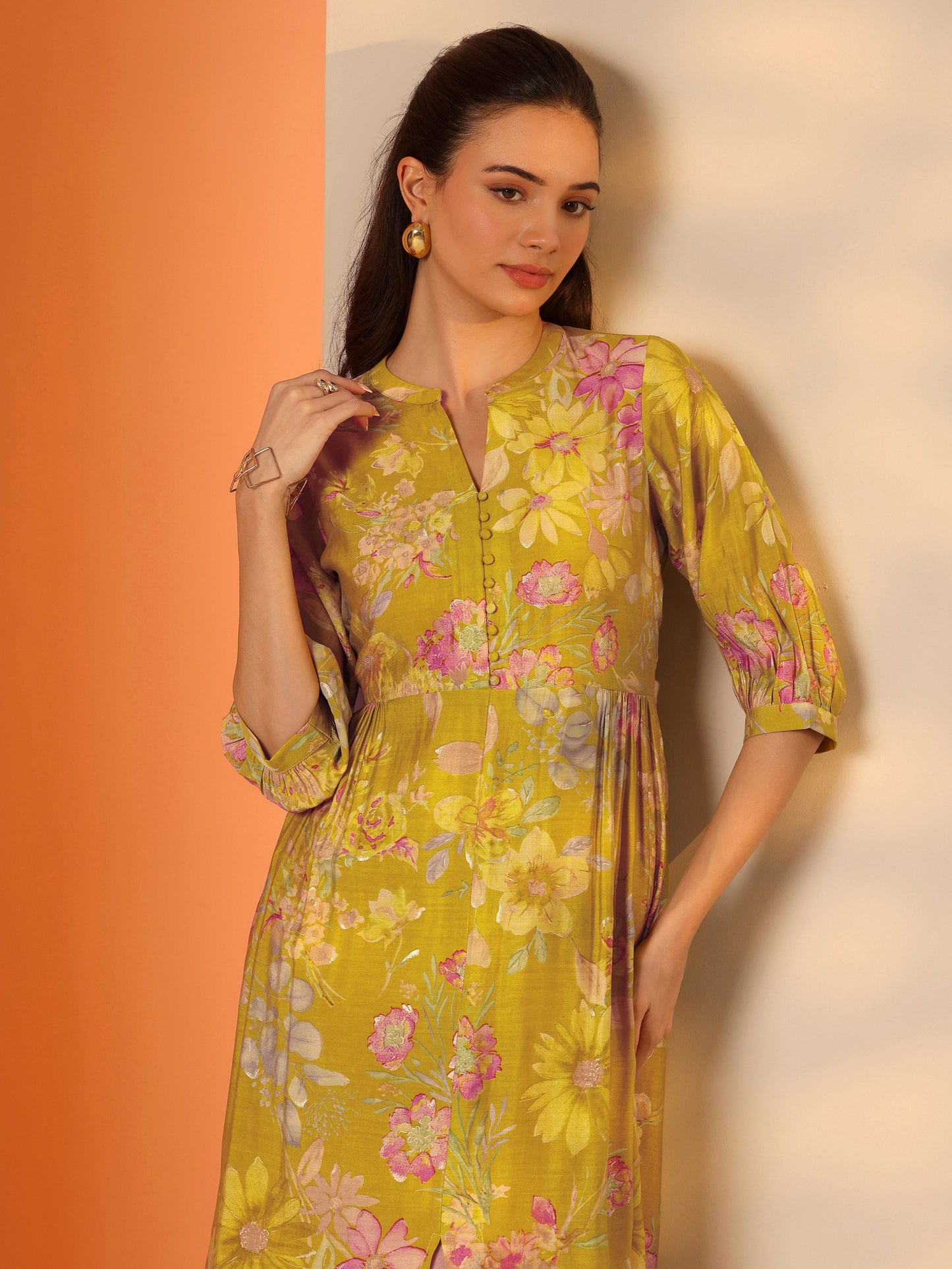 Green Printed Silk Blend Fit And Flare One Piece Dress