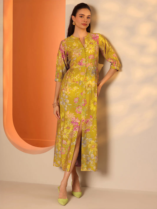 Green Printed Silk Blend Fit And Flare One Piece Dress