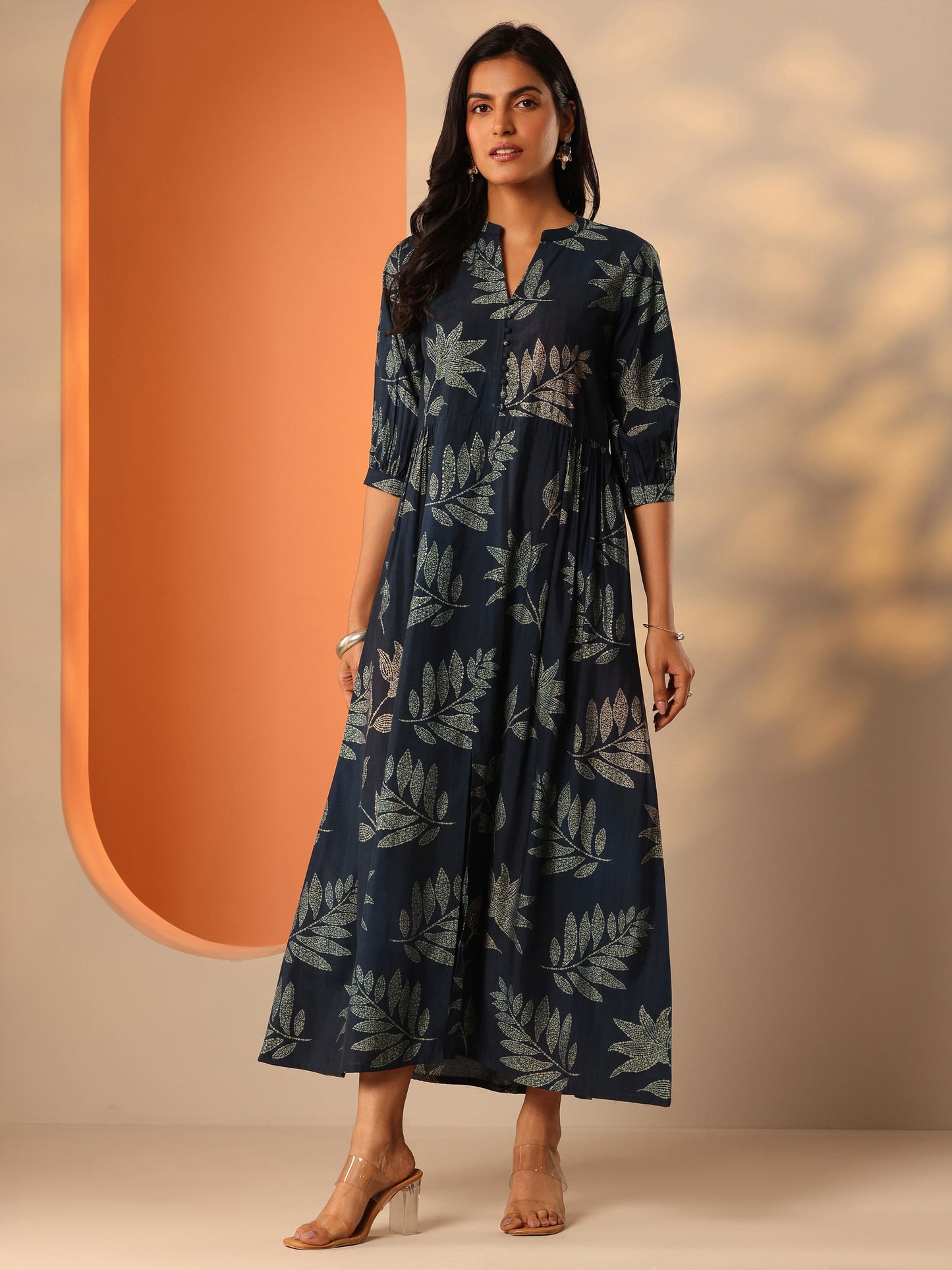 Blue Printed Silk Blend Fit And Flare One Piece Dress