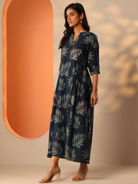 Blue Printed Silk Blend Fit And Flare One Piece Dress