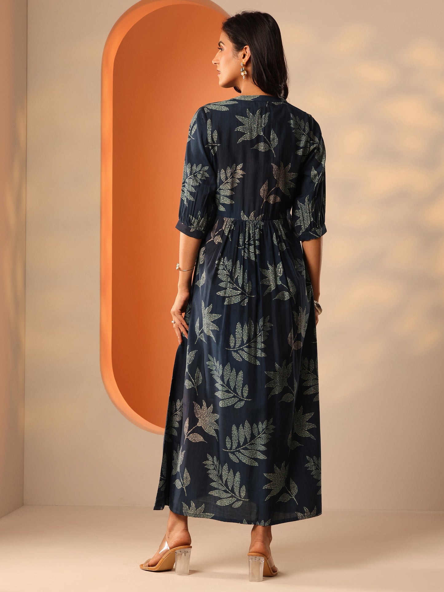 Blue Printed Silk Blend Fit And Flare One Piece Dress