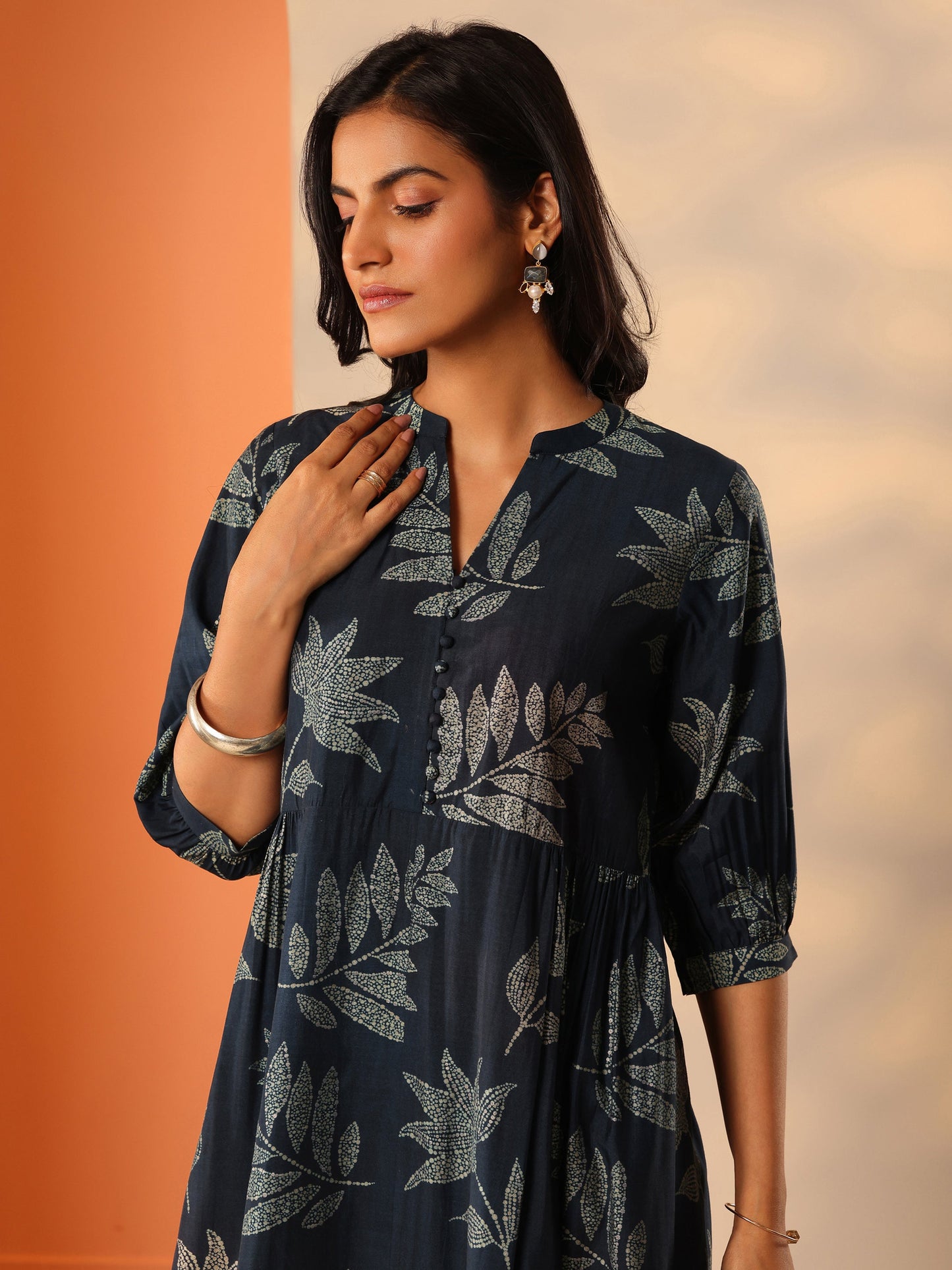 Blue Printed Silk Blend Fit And Flare One Piece Dress