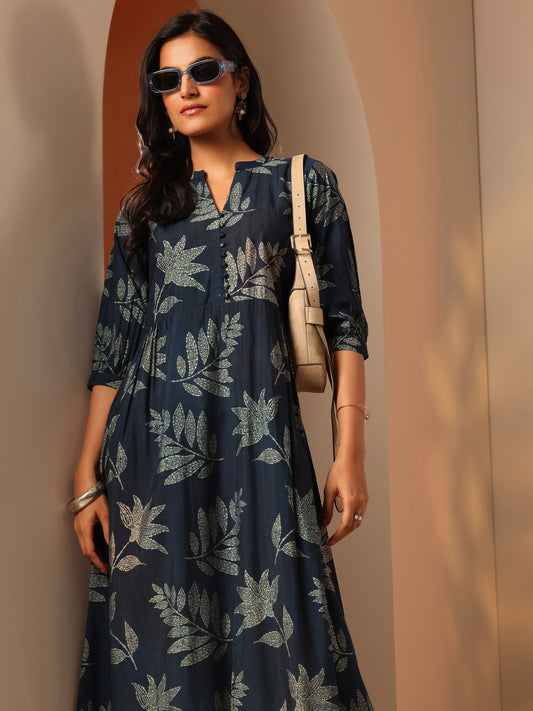 Blue Printed Silk Blend Fit And Flare One Piece Dress