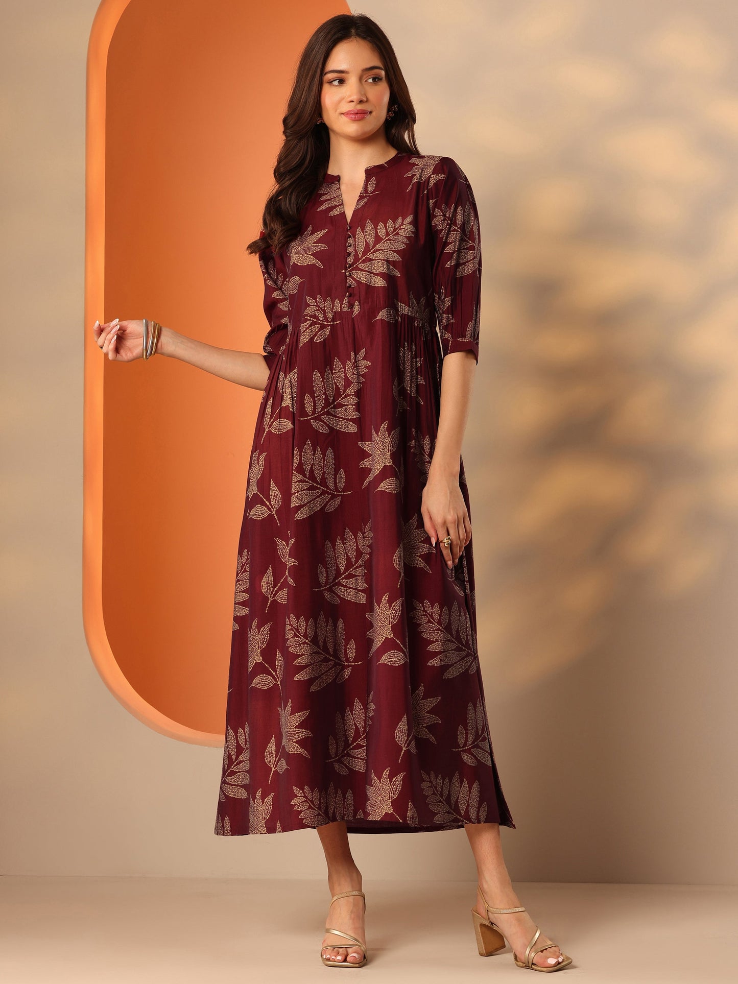 Maroon Printed Silk Blend Fit And Flare One Piece Dress