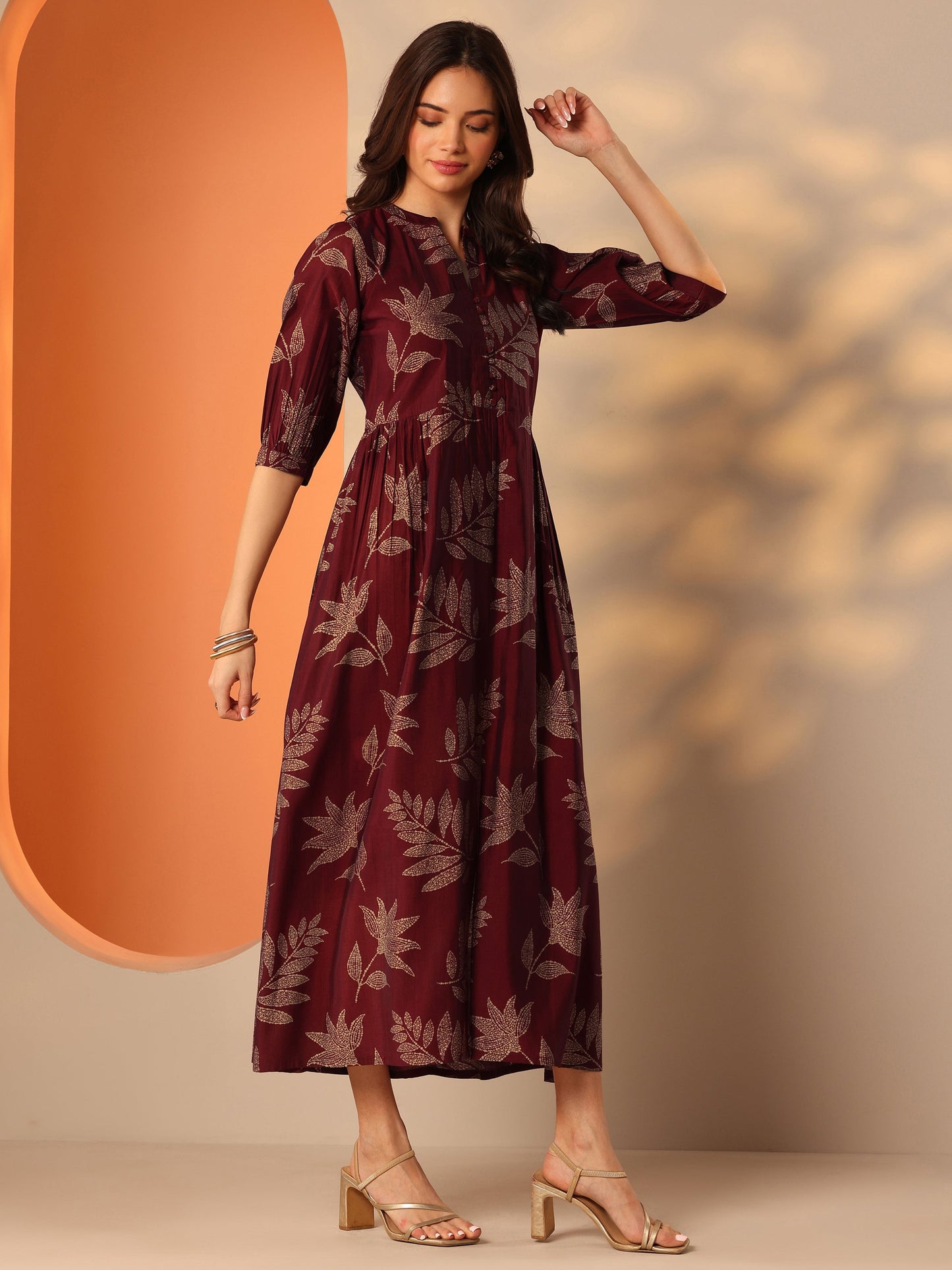 Maroon Printed Silk Blend Fit And Flare One Piece Dress