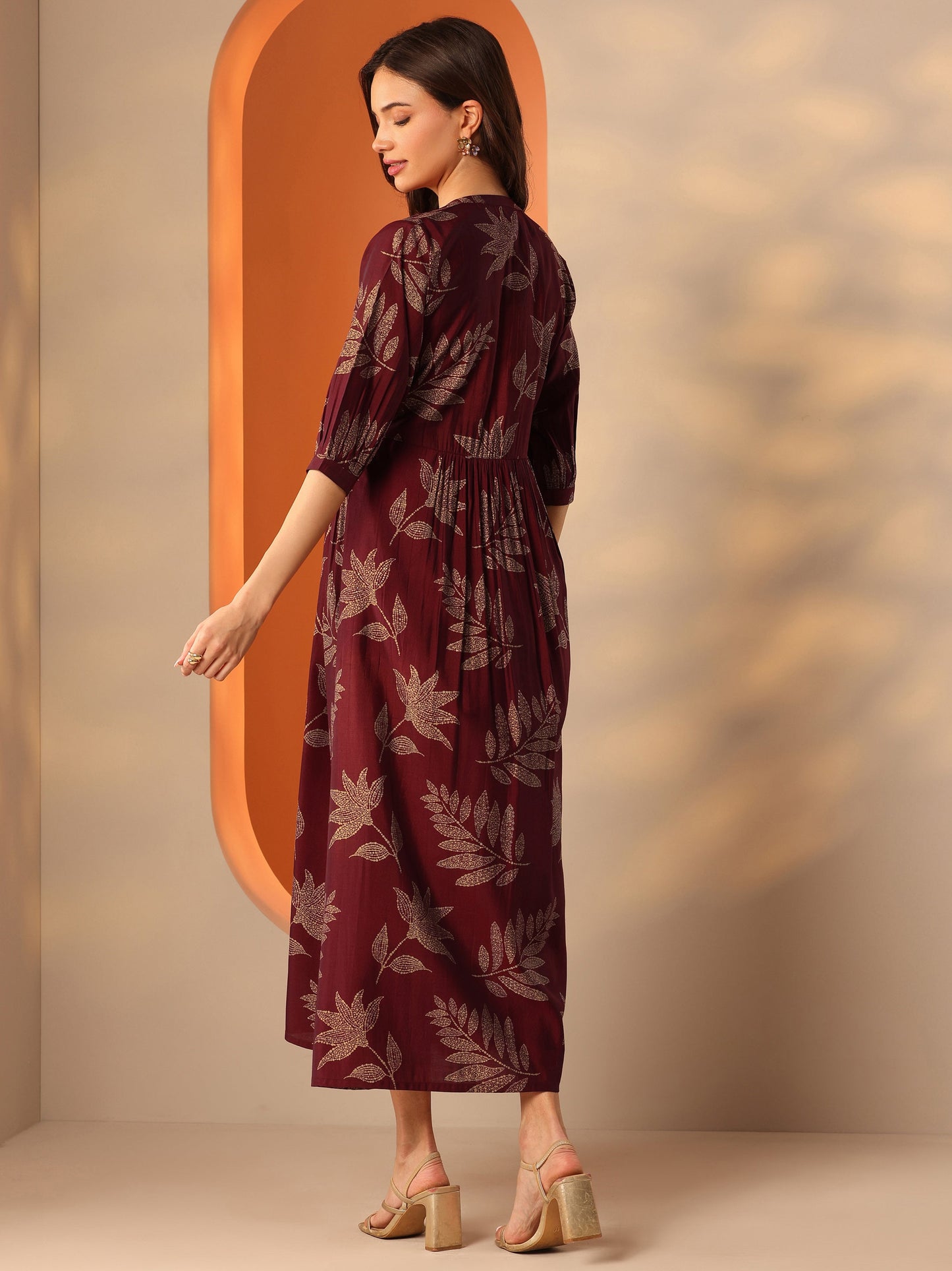 Maroon Printed Silk Blend Fit And Flare One Piece Dress