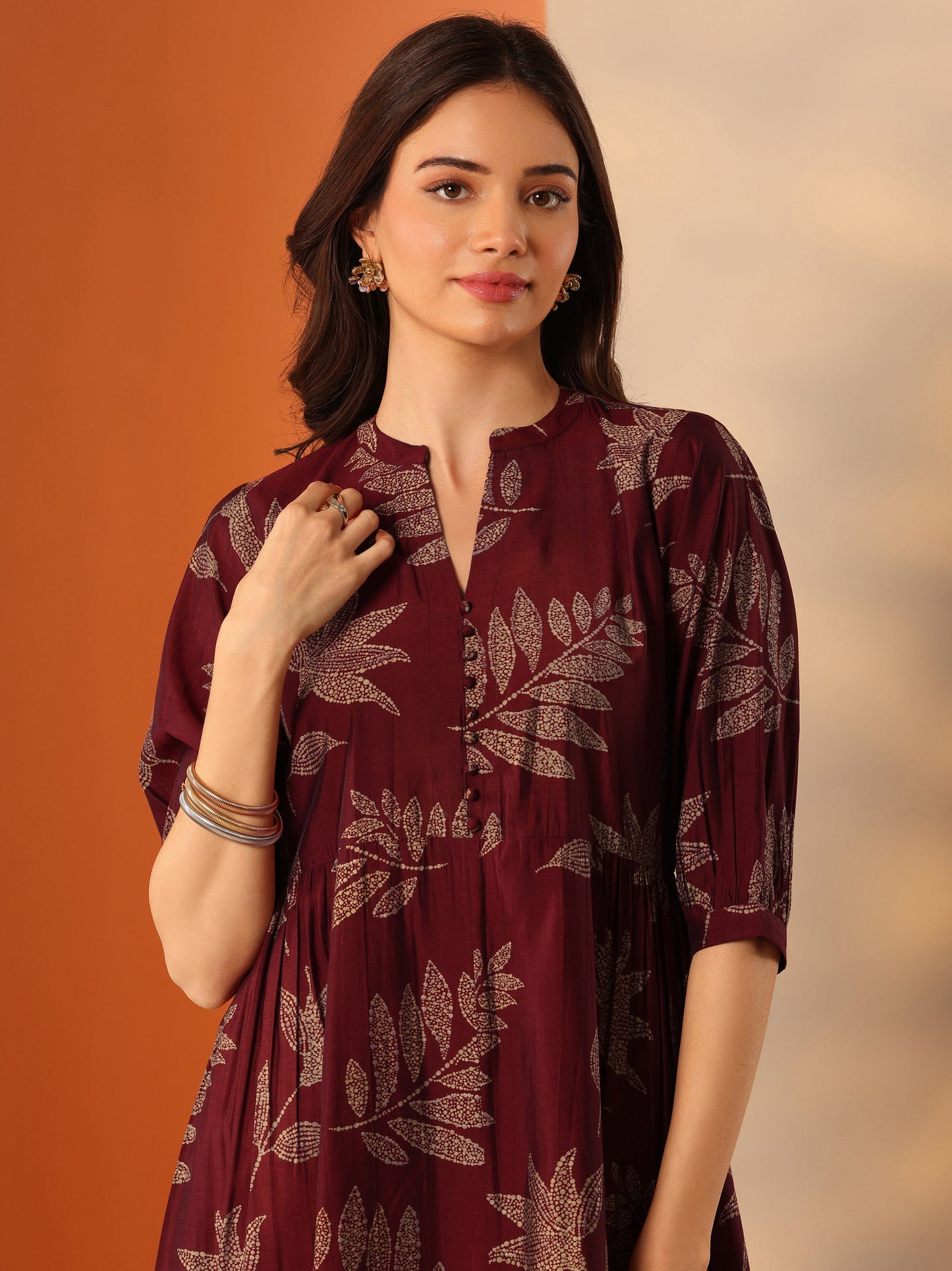 Maroon Printed Silk Blend Fit And Flare One Piece Dress