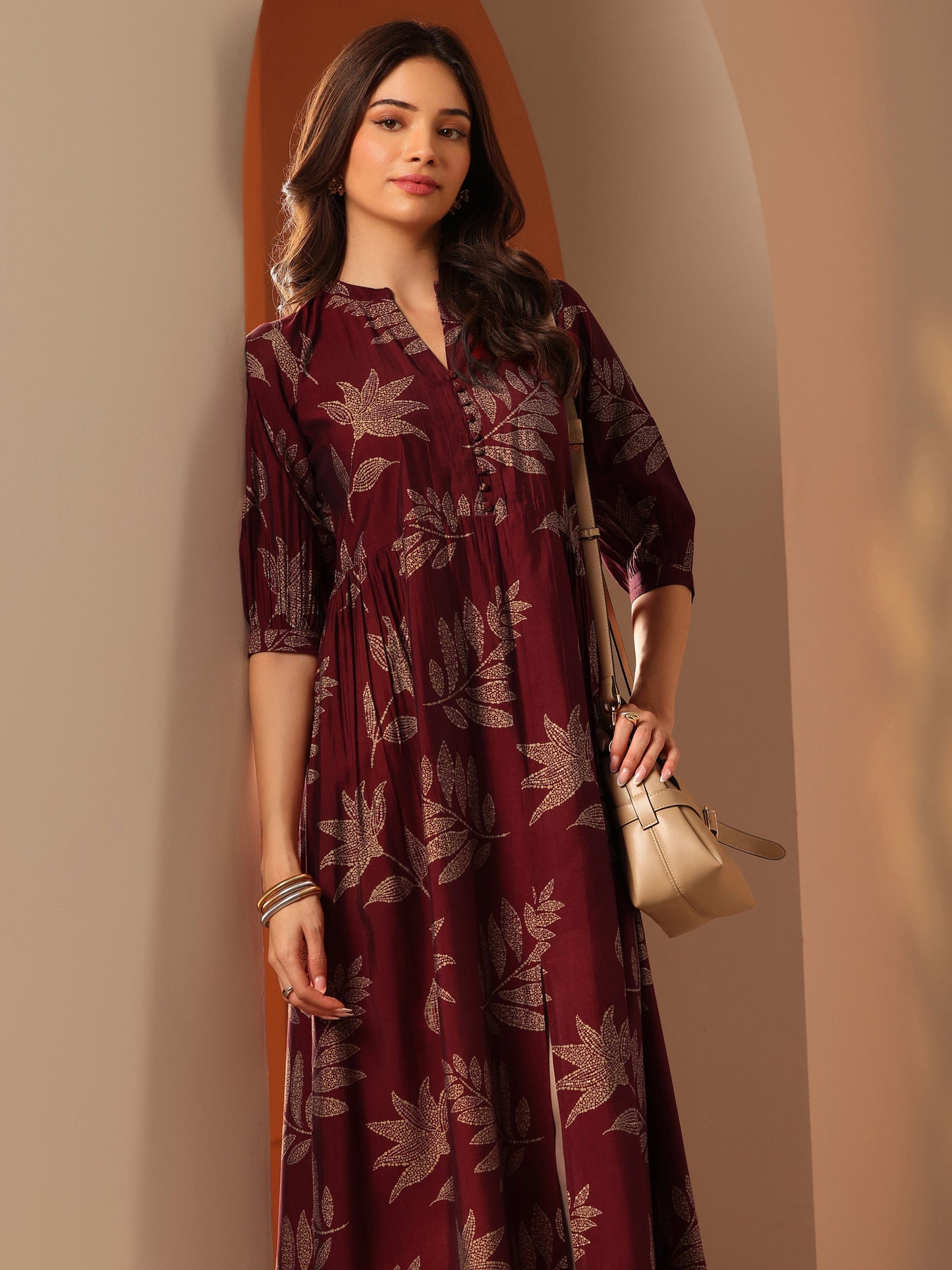 Maroon Printed Silk Blend Fit And Flare One Piece Dress