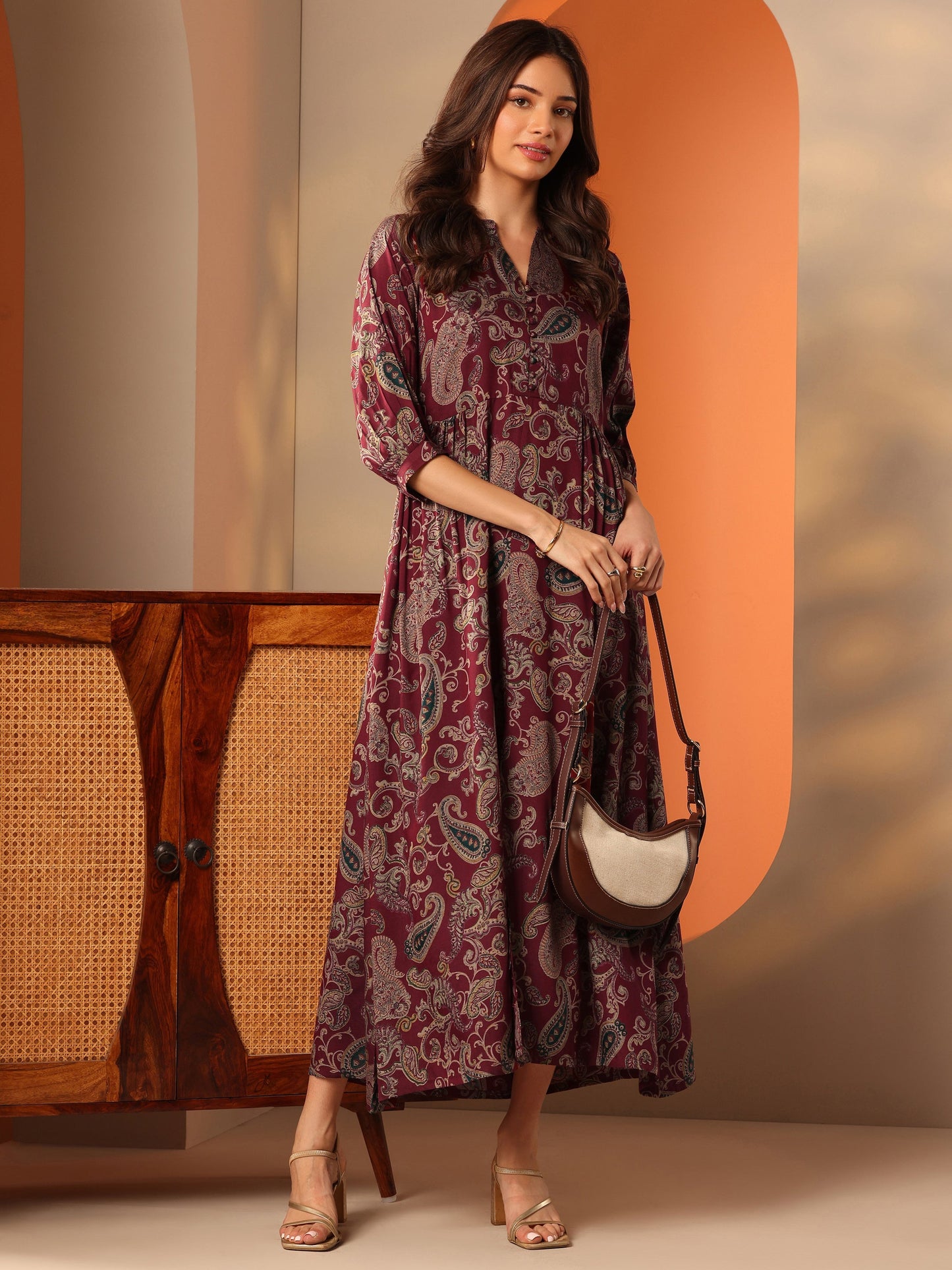 Maroon Printed Rayon Fit And Flare One Piece Dress