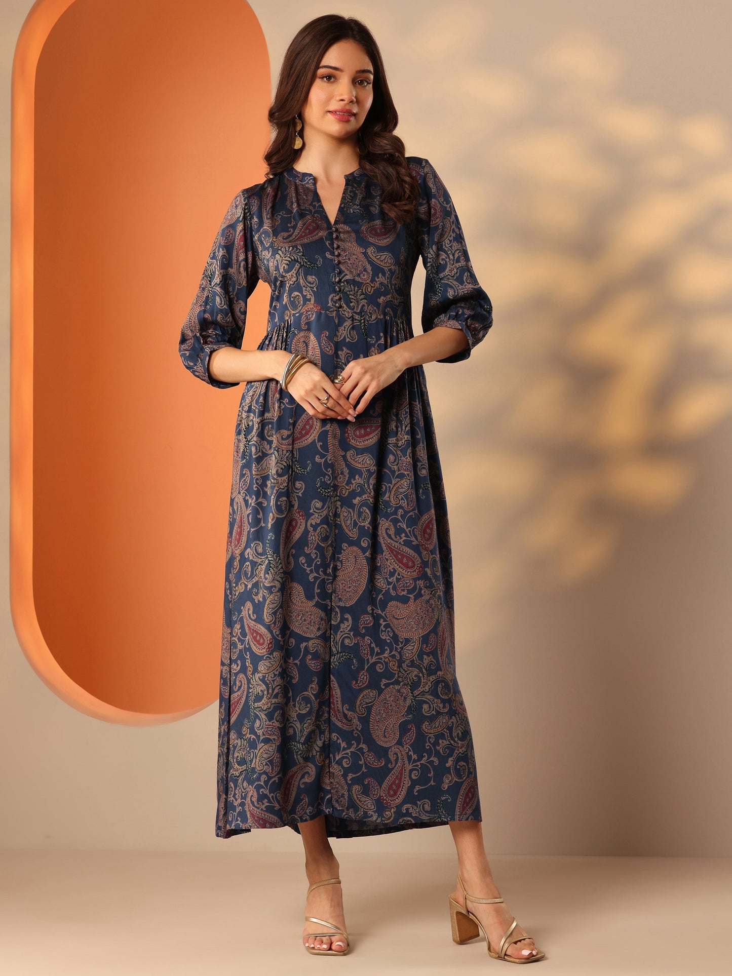 Blue Printed Rayon Fit And Flare One Piece Dress