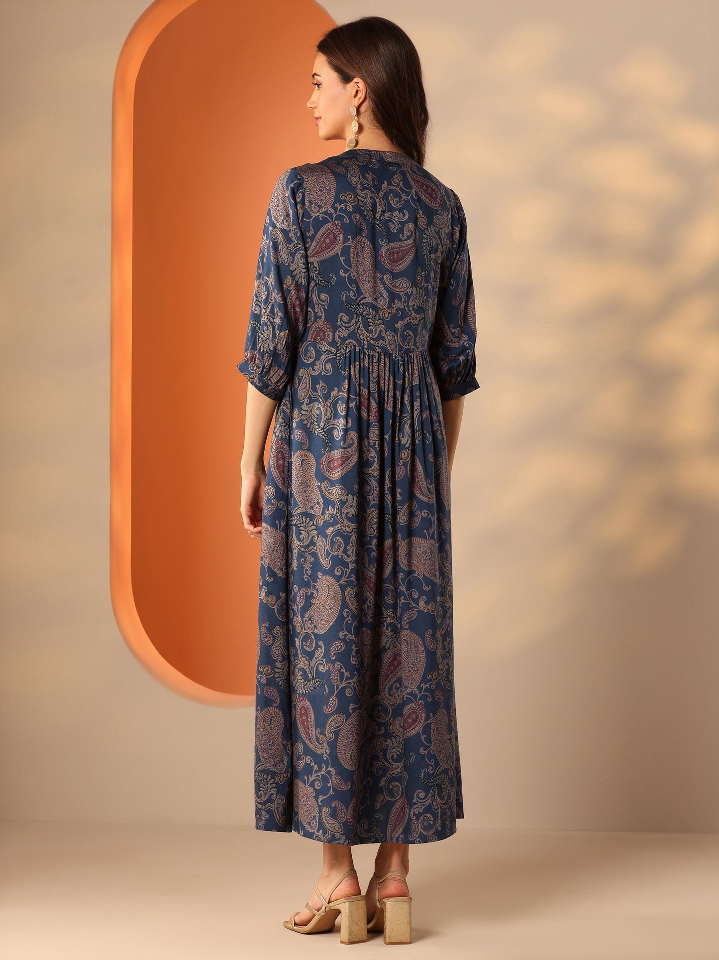 Blue Printed Rayon Fit And Flare One Piece Dress