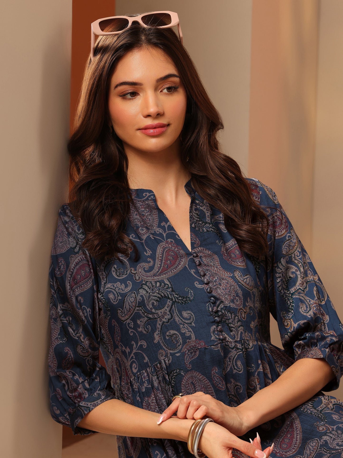 Blue Printed Rayon Fit And Flare One Piece Dress