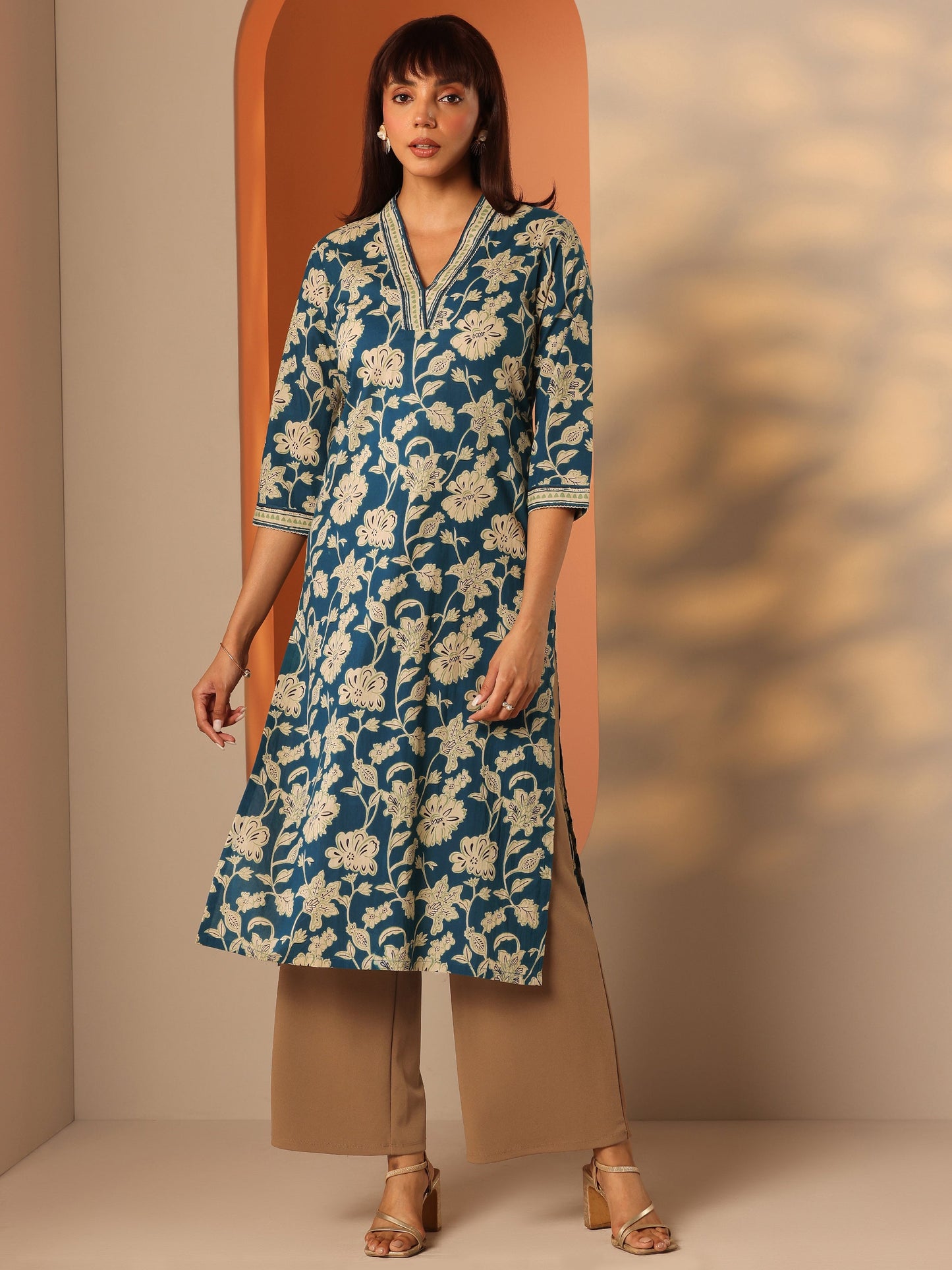 Teal Printed Cotton Straight Kurta