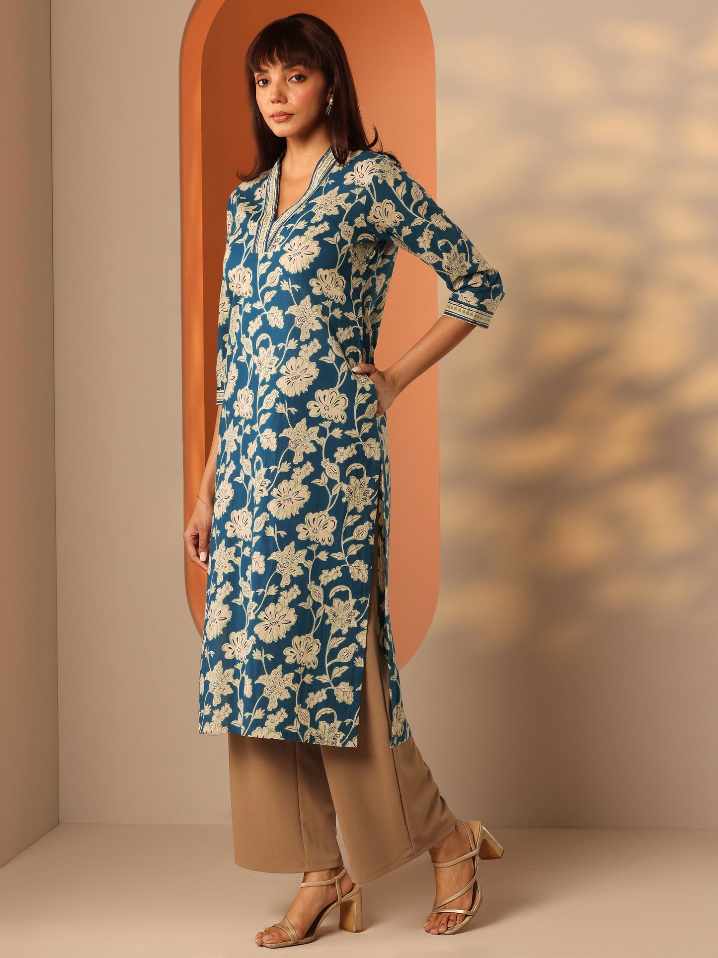 Teal Printed Cotton Straight Kurta